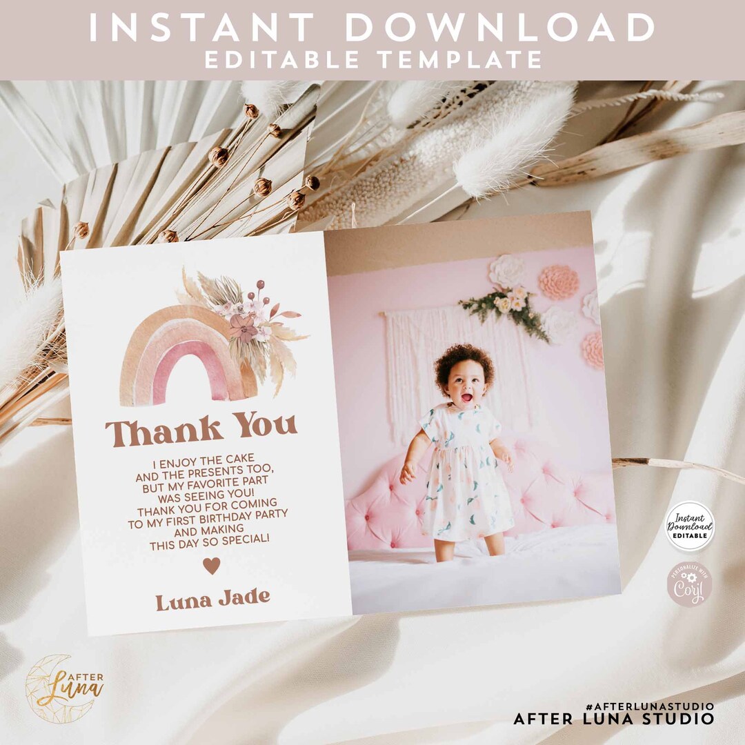 Editable 5x7" Photo Thank You Card Boho Rainbow Birthday Pampas Grass ...