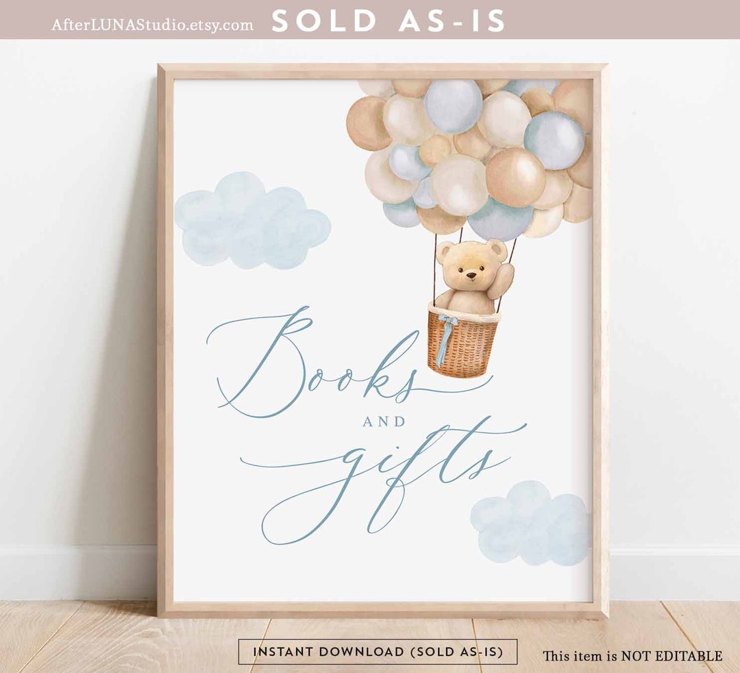 Boy Teddy Bear Hot Air Balloon Baby Shower Decor Books and Gifts Sign ...