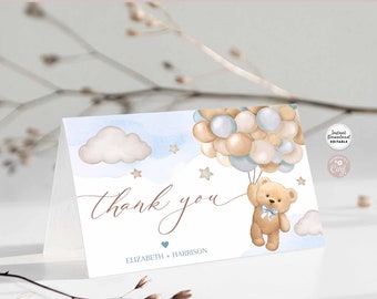 Editable Teddy Bear Hot Air Balloon Bear Folded Thank You Card Baby Bear Birthday Thank You Card Template Instant Download 902V1