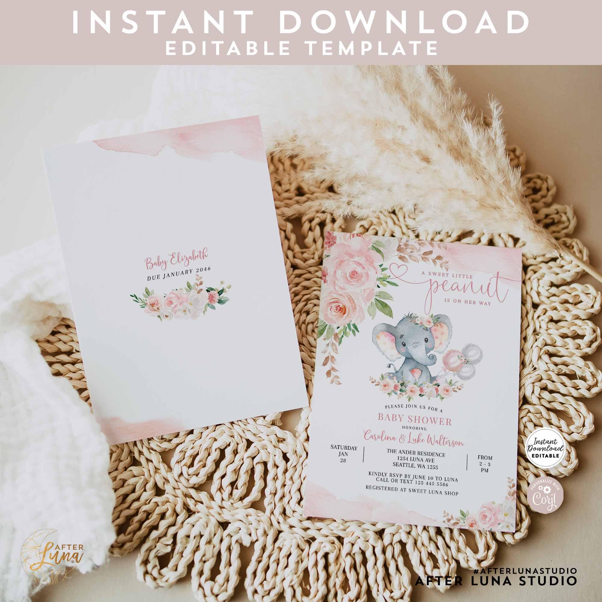 EDITABLE Blush Pink Rose Gold Elephant Baby Shower Invitation Girl Baby ...
