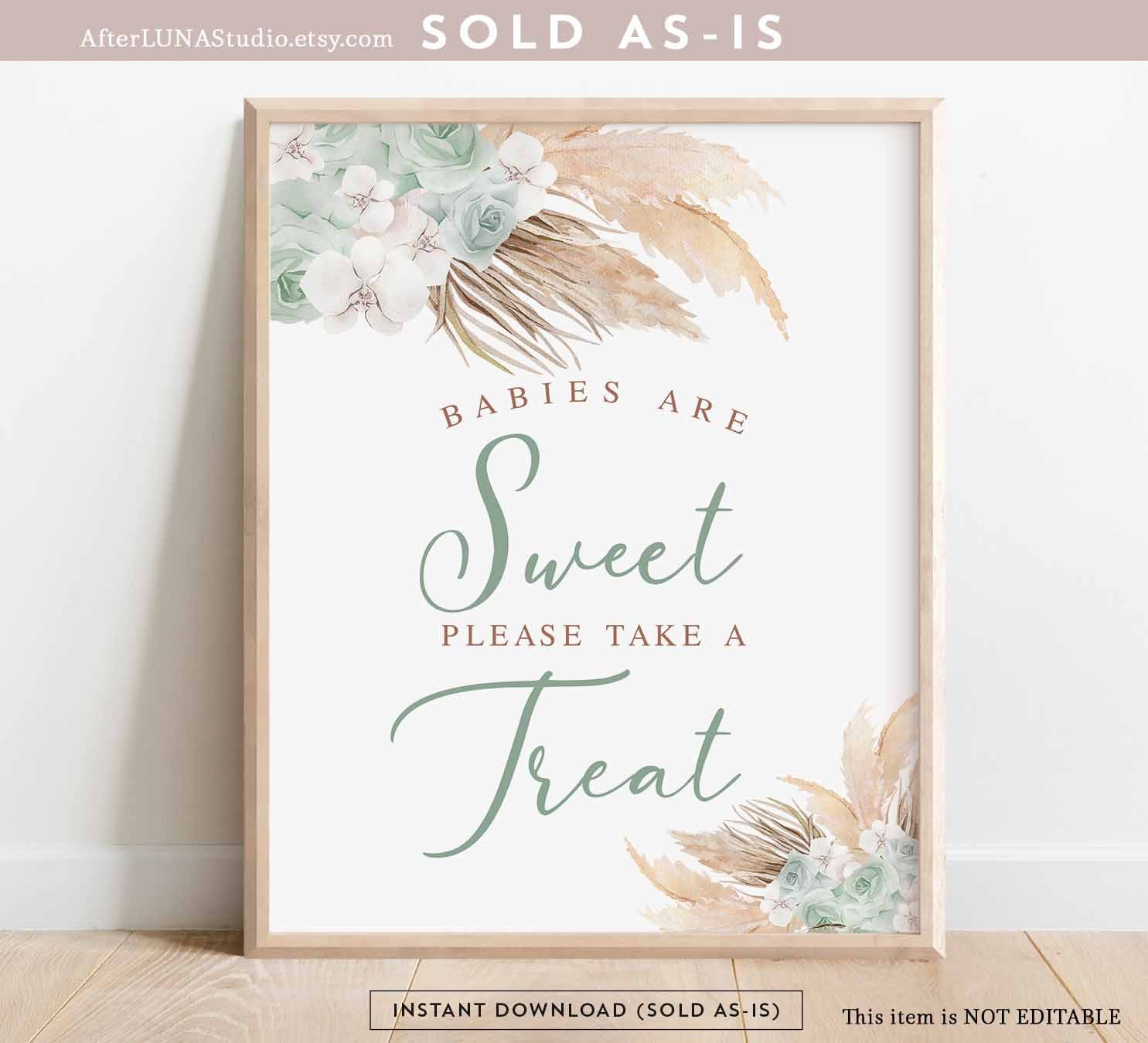 Sage Green Pampas Grass Babies Are Sweet Treat Sign Bohemian Boho Couples Baby Shower Sprinkle Digital Printable Instant Download 212V6