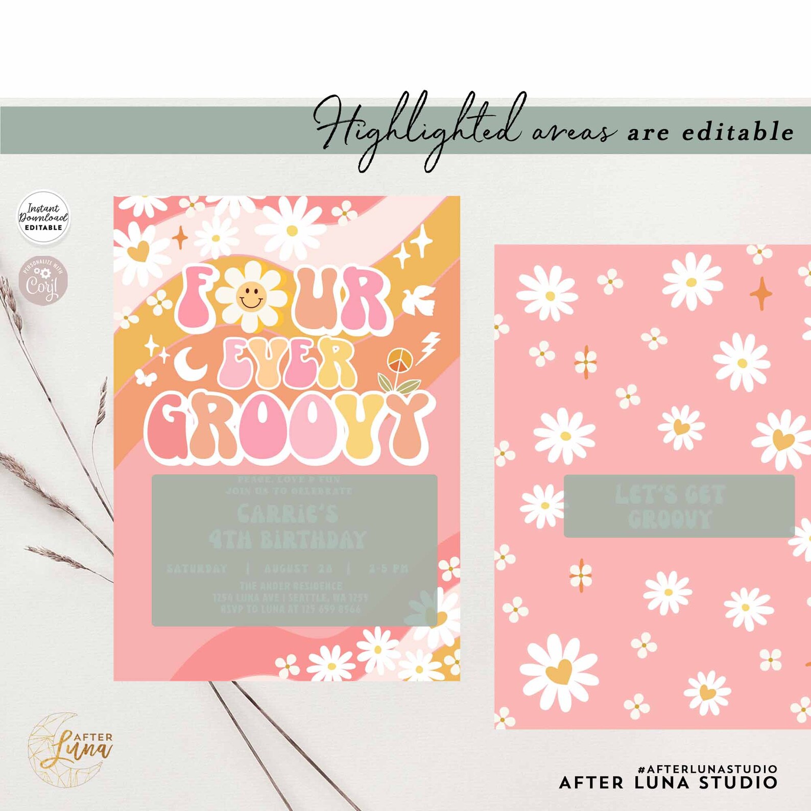 Editable 4th FOUR Ever Groovy Birthday Invite Pink Peach Groovy Daisy ...