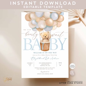 May include: A baby shower invitation with a teddy bear in a hot air balloon design. The invitation features the text "We can bearly wait BABY" in blue, along with event details and the text "Instant Download Editable Template".
