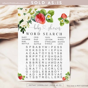 Può includere: Un gioco di ricerca di parole per baby shower stampabile con un design a fragola e fiori. Le parole da trovare sono: bambino, doccia, culla, papà, giocattoli, lozione, tutine, salviette, bavaglini, mamma, passeggini, pannolino, biberon, sonaglio, risata, amore.