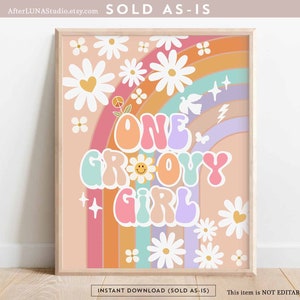 Groovy verjaardagsfeestje decor 70&#39; Daisy één groovy meisje teken decor groovy regenboog hippie verjaardag decoratie afdrukbare Instant Download 633K4
