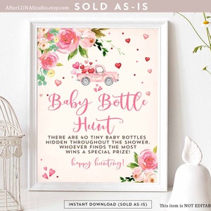Valentine Pink truck Baby Bottle Hunt Treat Game Sign Pink Floral Sweetheart Valentine&#39;s Day Decoration Printable Instant Download 856V2