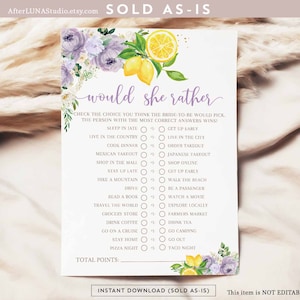 Lavender Purple Lemon Bridal Shower Game Would She Rather Game Citrus Lemon She Found Her Main Squeeze Printable Instant Download 157BR6