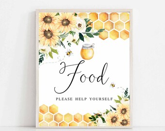 May include: A printable sign with a honey pot, bees, sunflowers, and honeycomb pattern. The sign says "Food" and "Please help yourself".
