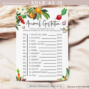 Cultivé localement Veggie Fruit Baby Shower Game Animal Gestation Market Baby Shower Saupoudrer Jeu Jeux Imprimable Téléchargement instantané numérique 361V1
