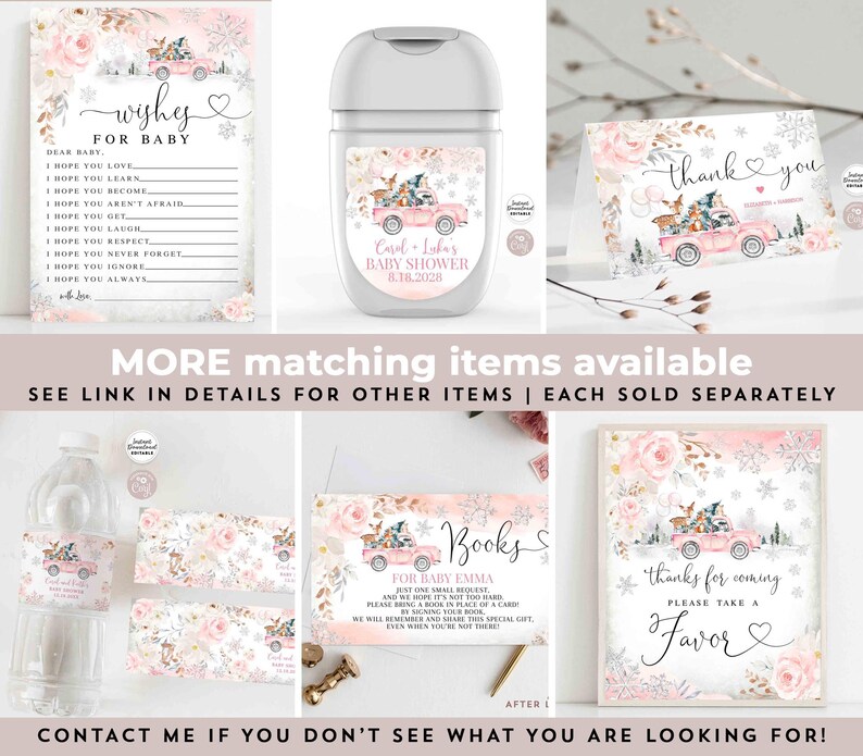 Puede incluir: Un conjunto de decoraciones imprimibles para la fiesta de baby shower con un cami&oacute;n rosa con animales del bosque, copos de nieve y detalles florales. El conjunto incluye una tarjeta de agradecimiento, un cartel de favor, una tarjeta de solicitud de libro, una tarjeta de deseos para el beb&eacute; y una etiqueta para desinfectante de manos.