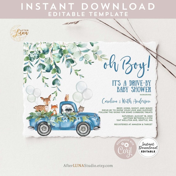 Editable Drive by Baby Shower Invitation Boy Blue Pickup Truck Etsy