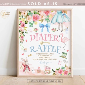 Alice In Wonderland Baby Shower Diaper Raffle Sign Party Alice Baby Shower Sprinkle Party Decoration Decor Printable Instant Download 789