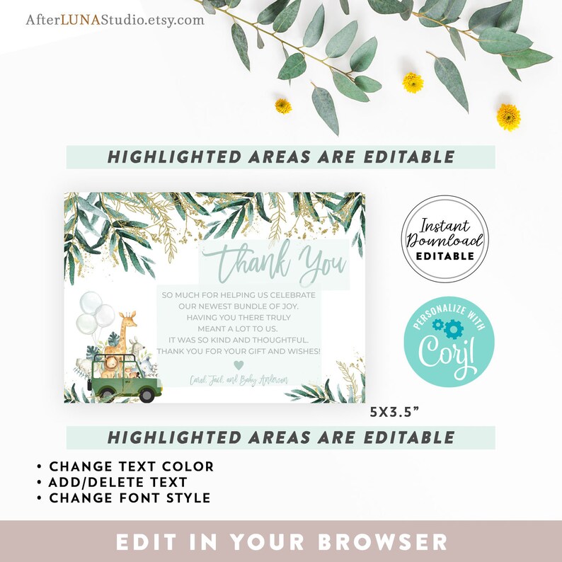 Editable Safari Thank You Flat Card Drive By Virtual Baby | Etsy