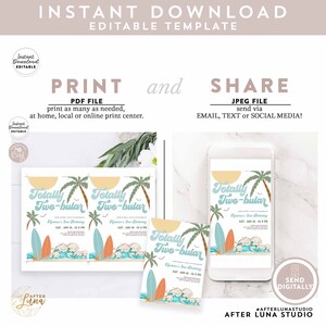 May include: Editable printable invitation for a 2nd birthday party with a beach theme. The invitation features a colourful illustration of a surfboard, palm trees, and the text "Totally Two-bular".