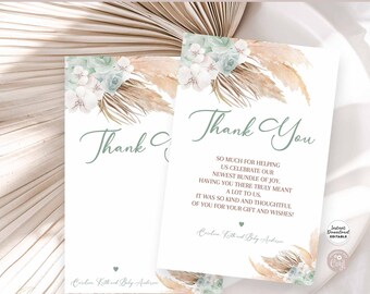Bearbeitbare Salbei Grün Pampas Gras Boho Baby Shower Gender Neutral Danke Flache Karte Einfügen druckbare Vorlage Sofortiger Download 212V6