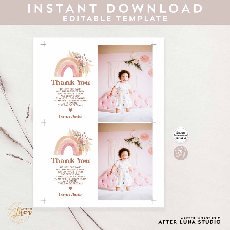 Editable 5x7" Photo Thank You Card Boho Rainbow Birthday Pampas Grass ...