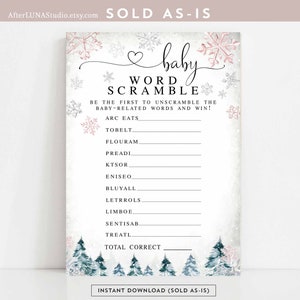 Winter Pink Snowflake Baby Shower Baby Word Scramble Game Winter Snowy Tree Jeu imprimable Virtual Baby Shower Games Téléchargement instantané 120V3