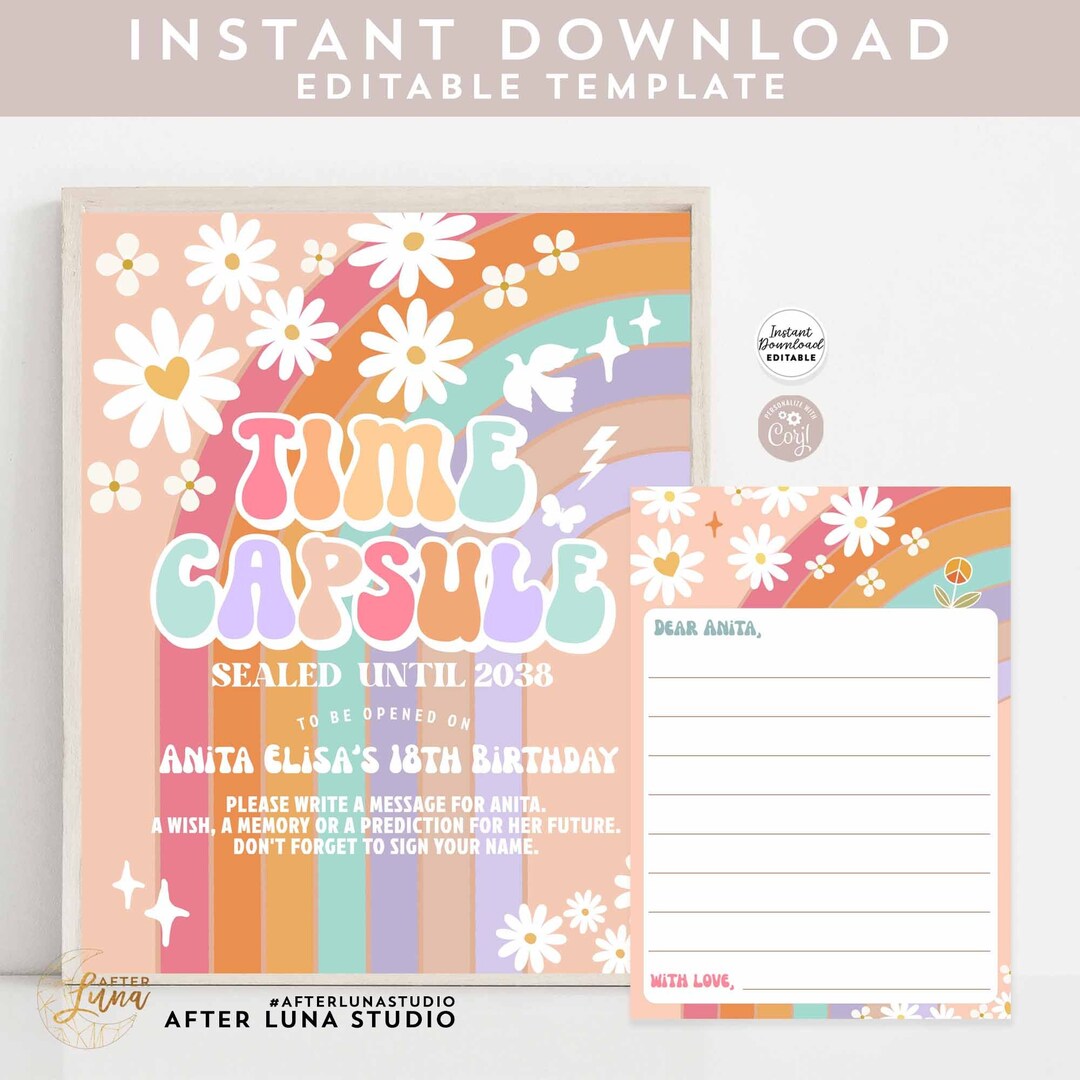Editable Blue Groovy Rainbow Birthday Time Capsule Sign and Card First ...