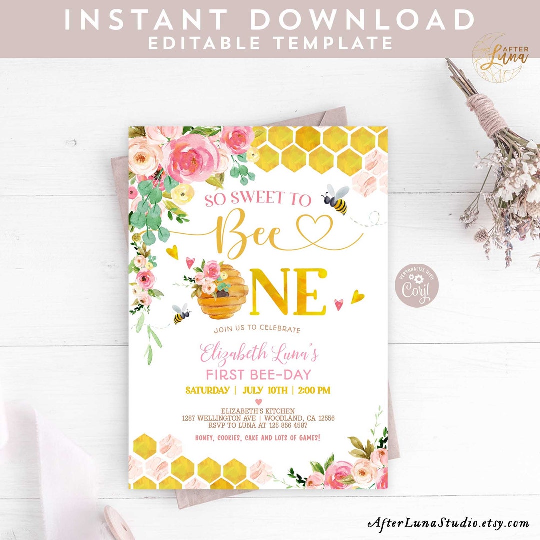 Editable Bee Birthday Invitation Girl Pink Floral Honey Bee 1st so ...