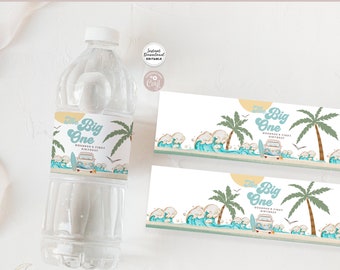 May include: Water bottle label template with a beach theme. The label features a blue and white van with the text "The Big One" and "Hudson's First Birthday". The label also features palm trees, waves, and a sun.