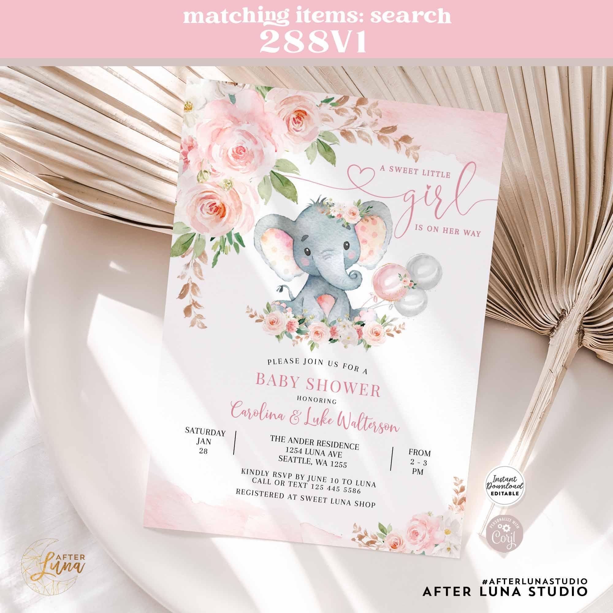 EDITABLE Blush Pink Rose Gold Elephant Baby Shower Invitation Girl Baby ...