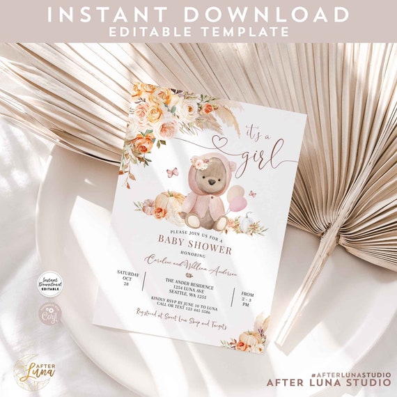 Editable Pampas Grass Boho Pumpkin Teddy Bear Baby Shower Invitation Bear Fall Shower Invite Printable Template Instant Download 307 (1)