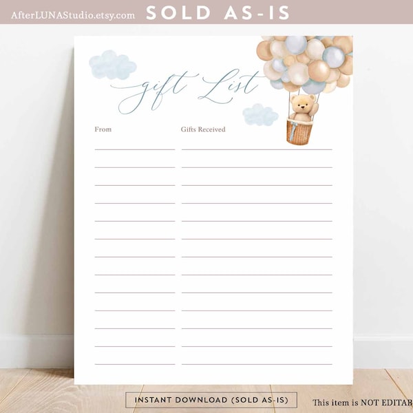 Boy Teddy Bear Hot Air Balloon Baby Shower Decor Gift List Sheet We Can Beary Wait Decor Digital Printable Instant Download 905V1