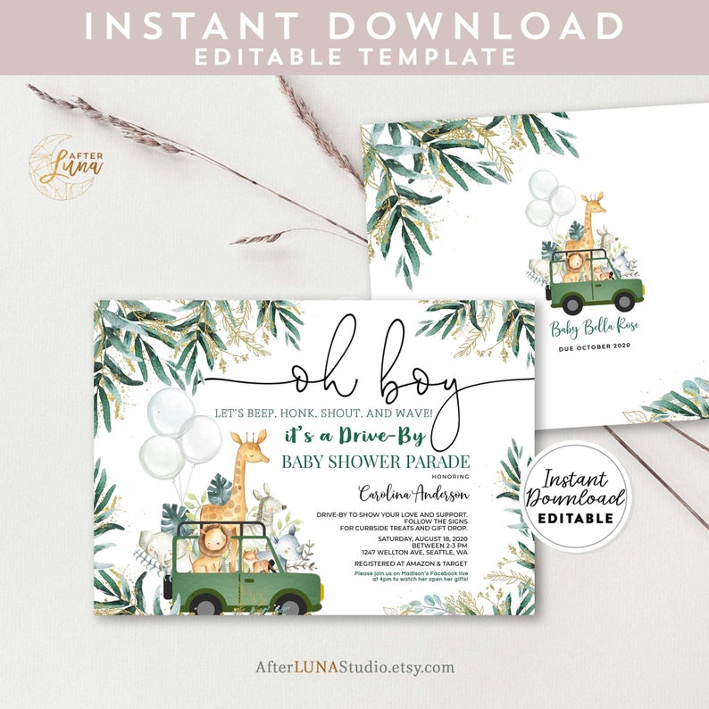 Editable Drive by Baby Shower Invitation Boy Safari Rustic Etsy