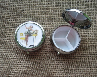 1950's Pin Up Girls Themed Three-Compartment Pill Box or Compact Mirror - (Choose your style and image)