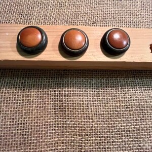 May include: Three circular buttons with smooth, light brown centers and dark brown, rounded outer rims. The buttons are mounted in a horizontal row on a rectangular, light-colored wooden block, showcasing a contrast between the wood tones.