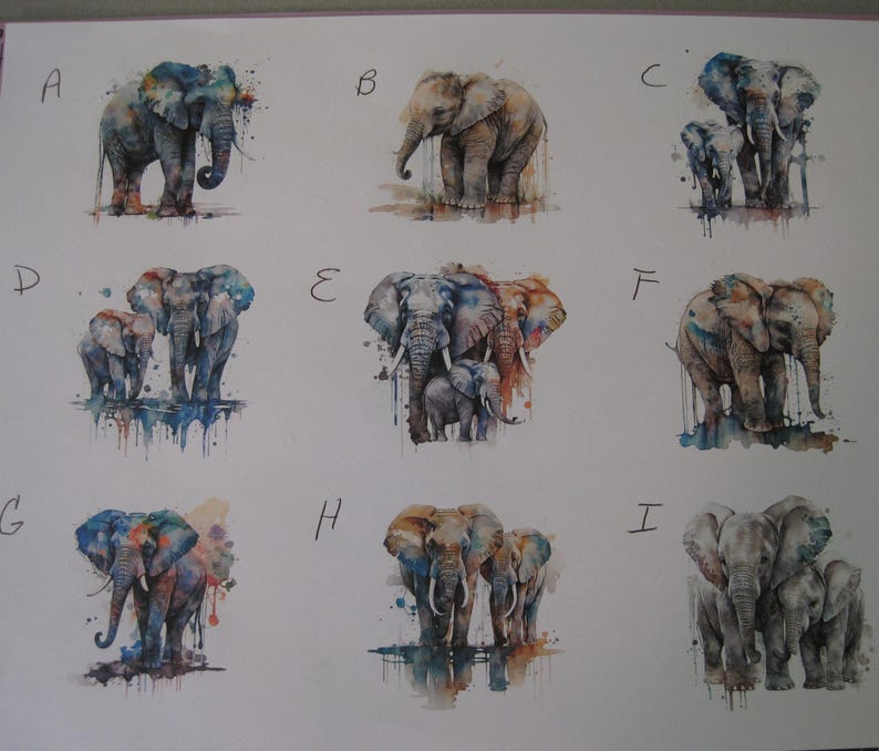 May include: Nine watercolor paintings of elephants, each with a different color scheme and composition. The elephants are depicted in various poses, some with their trunks raised, others with their trunks lowered. The paintings are all set against a white background.