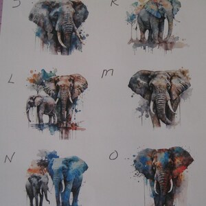May include: A set of six watercolor paintings of elephants. Each painting features a different color scheme and composition, with some elephants depicted alone and others with their young. The paintings are all done in a realistic style, with a focus on capturing the animals' natural beauty.