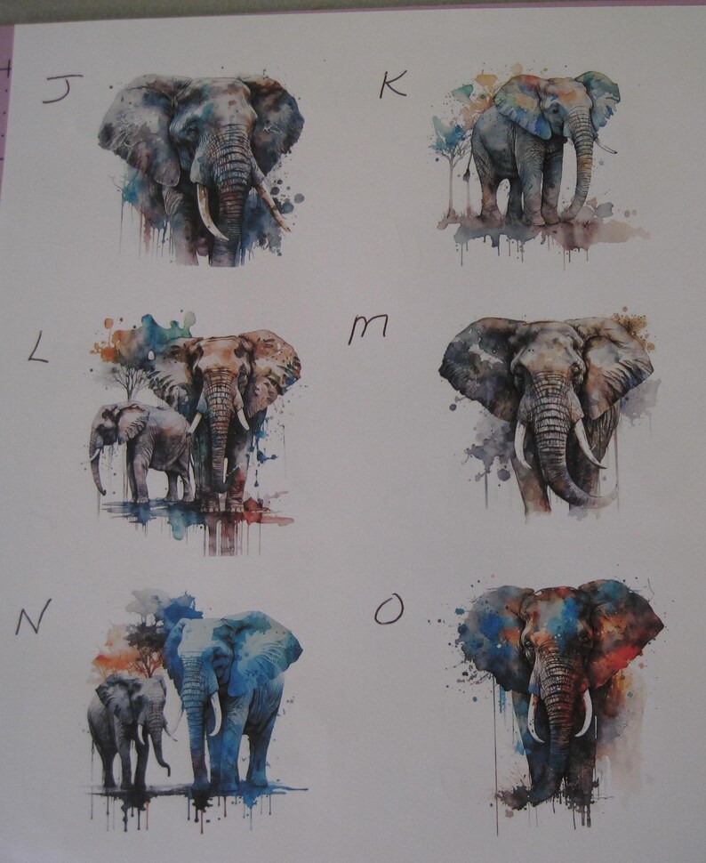 May include: A set of six watercolor paintings of elephants. Each painting features a different color scheme and composition, with some elephants depicted alone and others with their young. The paintings are all done in a realistic style, with a focus on capturing the animals' natural beauty.
