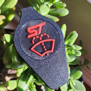 Op de afbeelding: Zwarte sleutelhanger met een rood "ST" logo en een ruitenwissersymbool. De sleutelhanger heeft een getextureerd oppervlak en een lus voor bevestiging. Groene vetplanten op de achtergrond.