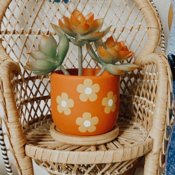 Hand-Painted Floral 70s Cement Planter | Orange Yellow