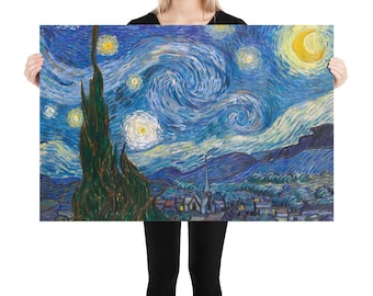 May include: A painting of a starry night sky with a swirling blue and yellow sky. The painting features a village with a church steeple in the distance. The painting is in the style of Vincent van Gogh.