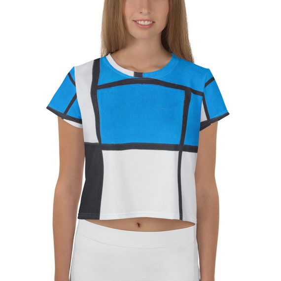 All-Over Print Crop Tee  Mondrian  Composition with Large Blue Plane, Red, Black, Yellow, and Gray - Fashion Art