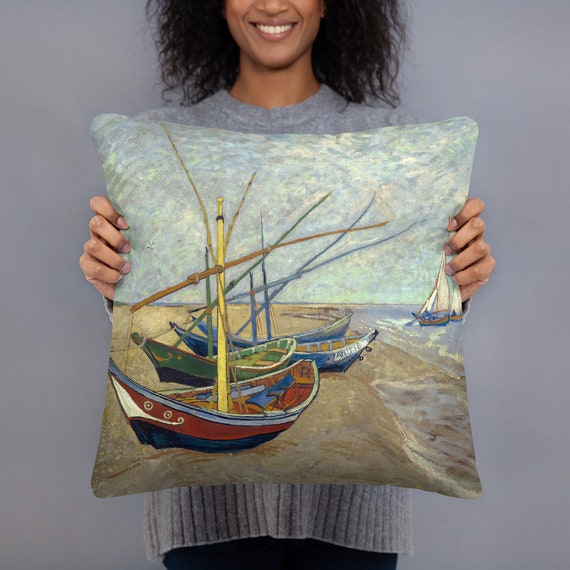 Basic Decorative Pillow  Vincent van Gogh  Seascape with Boats in France - Aesthetic Inspired Fashion Vintage Art Print Gift for Art Lover