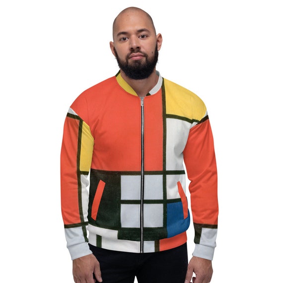 Unisex Bomber Jacket  Mondriaan  Composition in Red, Yellow and Blue - Aesthetic Inspired Fashion Vintage Art Print Gift for Art Lover