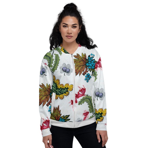 Unisex Bomber Jacket  Drawing Colored Flowers Green and Yellow Leaves on Lilac Branche - Fashion Art