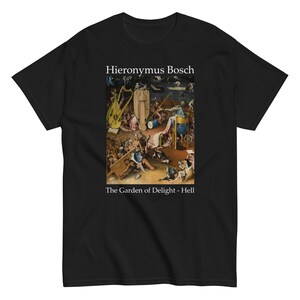 May include: Black t-shirt with a white print of Hieronymus Bosch's "The Garden of Delight - Hell" painting. The painting depicts a chaotic scene with many figures and creatures.