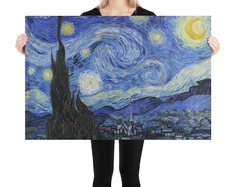 May include: A painting of a starry night sky with a swirling blue and yellow sky. The painting features a village with a church steeple in the foreground and a large, dark tree in the middle ground.