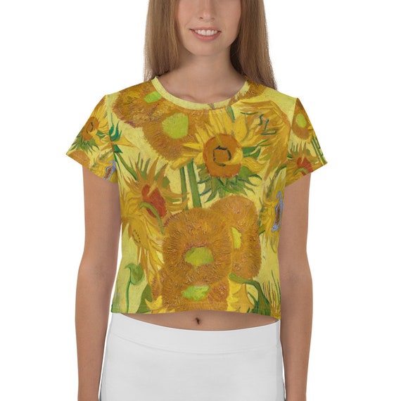 All-Over Print Crop Tee  Vincent van Gogh  SunFlowers in a Vase - Aesthetic Inspired Fashion Vintage Art Print Gift for Art Lover