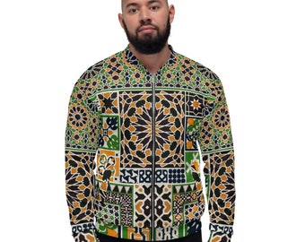 May include: A green, orange, and black bomber jacket with a geometric pattern. The jacket has a zipper closure and a ribbed collar, cuffs, and hem.