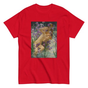 May include: A red t-shirt with a vintage painting of two women in a pond surrounded by purple iris flowers.