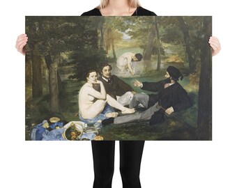 May include: A painting depicting a group of people in a forest setting. A woman is nude and sitting on a blanket with a man in a suit. Another man in a black coat and hat is sitting on the ground. The woman in the background is partially clothed and is standing in a stream.