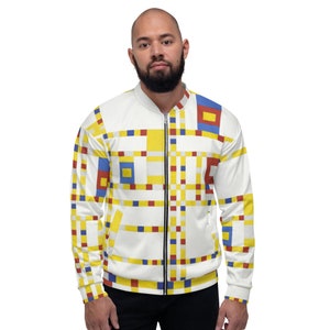 May include: A white bomber jacket with a geometric pattern in red, yellow, blue, and white. The pattern is reminiscent of a famous abstract painting.