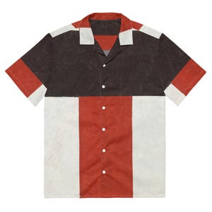 May include: A short-sleeved button-up shirt with a geometric pattern in black, white, and red.
