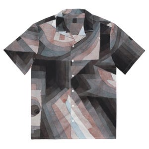 May include: A short-sleeved button-up shirt with a geometric pattern in shades of gray, brown, and blue. The pattern is abstract and resembles watercolor painting.