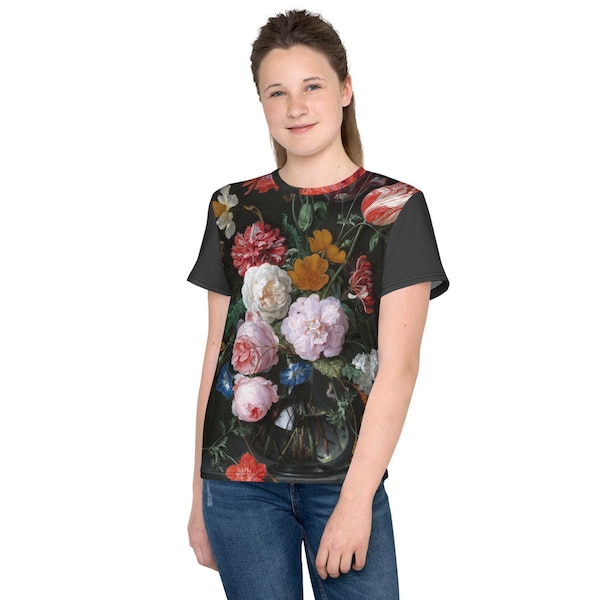 Youth crew neck t-shirt  Jan Davidsz de Heem. Flowers in a Vase - Aesthetic Inspired Fashion Vintage Art Print Gift for Art Lover